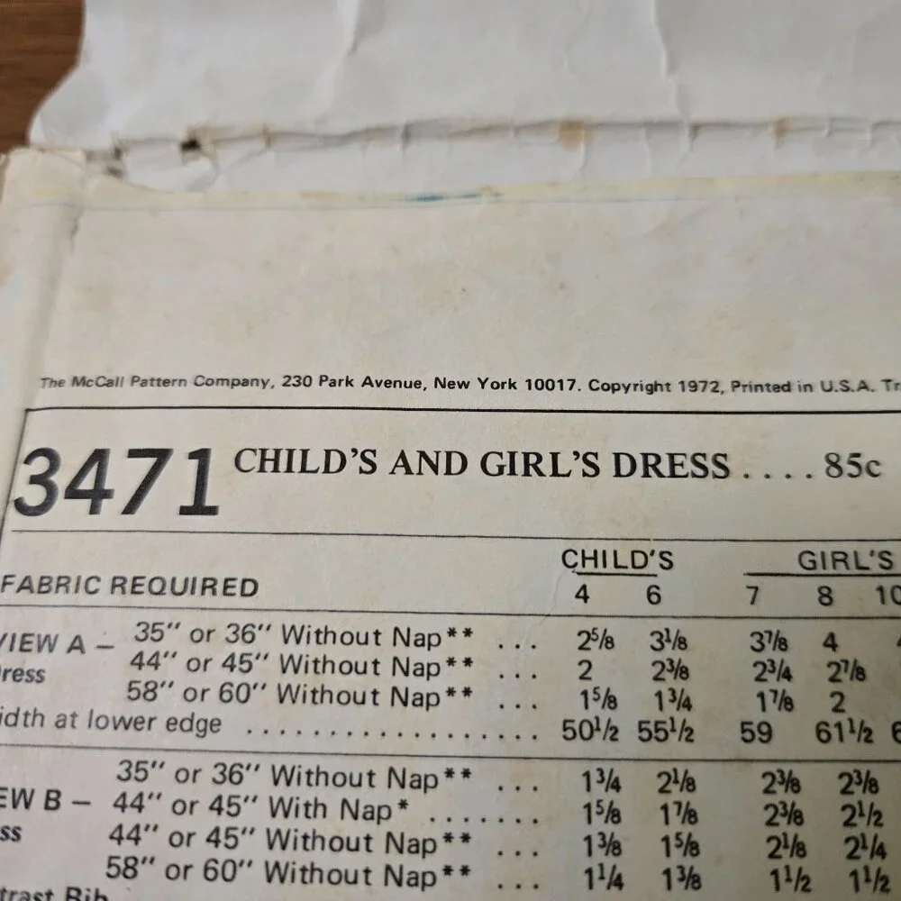 McCall's 3471; ©1972; Child's and Girl's Dress vintage sewing pattern